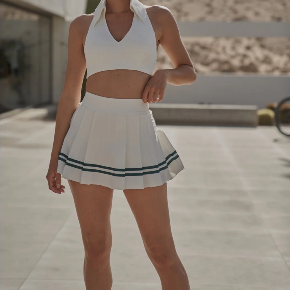 White Pleated Mini Skirt with Green Stripe
